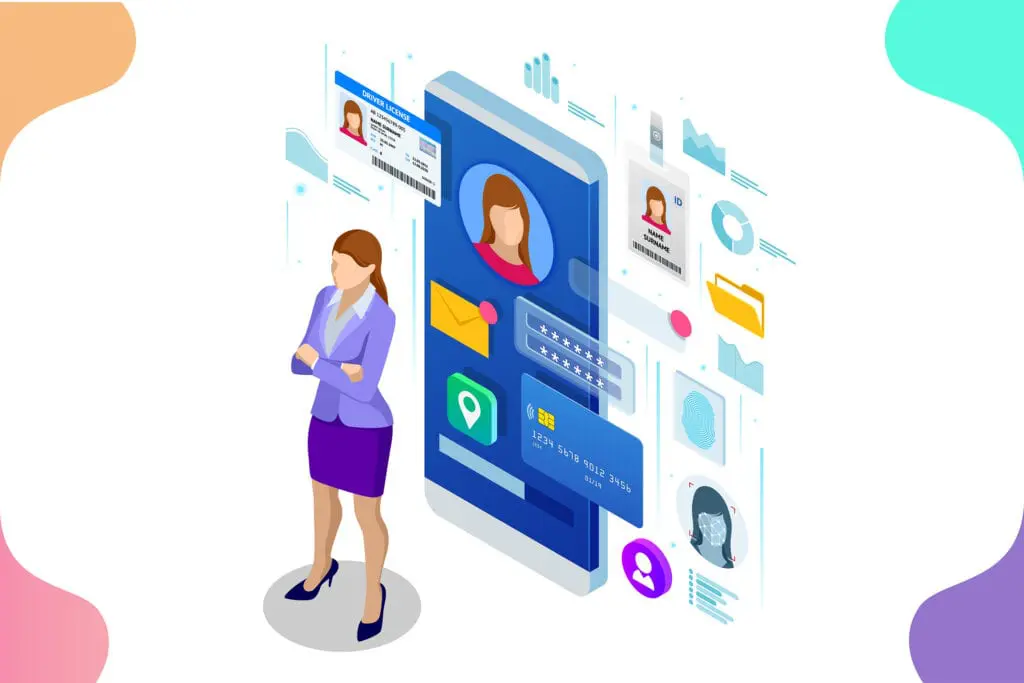 Illustration: Woman in suit stands in front of icons representing digital ID and data protection