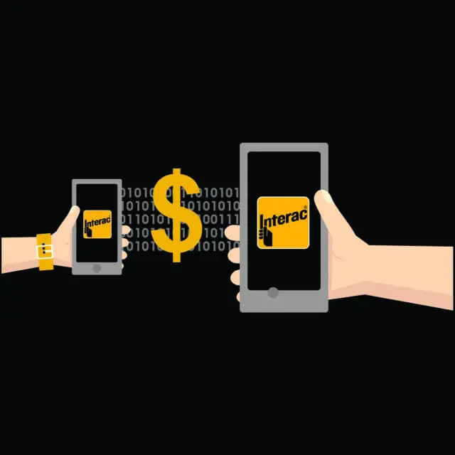 Illustration of Interac e-Transfer: Dollar sign, series of 1s and 0s, a cell phone and tablet