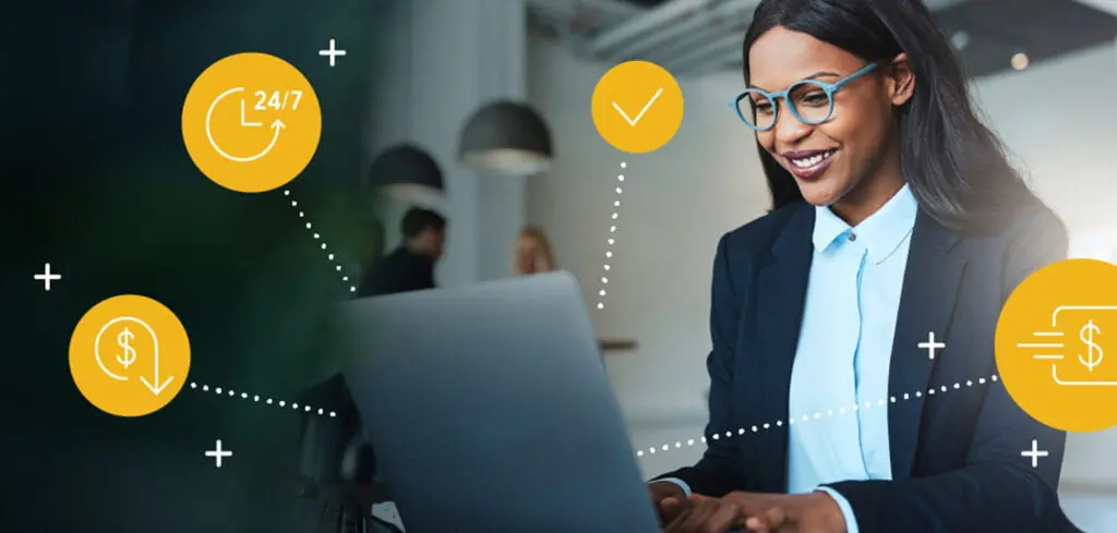 A woman in a suit with laptop is surrounded by icons representing faster business payment processing