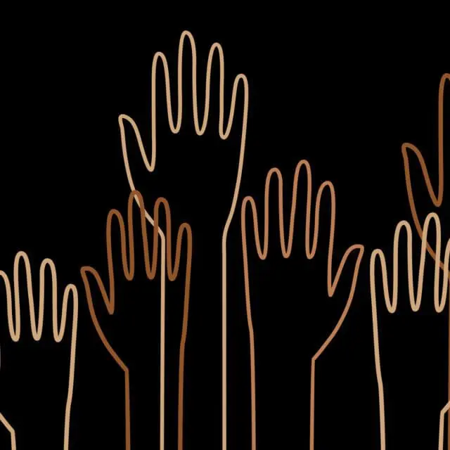 Vector illustration of diverse outlined hands on a black background.