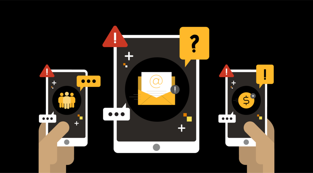 Cartoon visual of a laptop, tablet and phone surrounded by digital fraud warning signs & viruses.