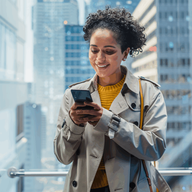 Une femme dans un ascenseur regarde son téléphone en souriant.