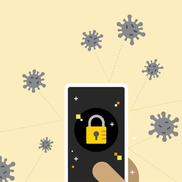 Cartoon depicting a phone with a yellow lock on the screen fending off digital fraud attacks.