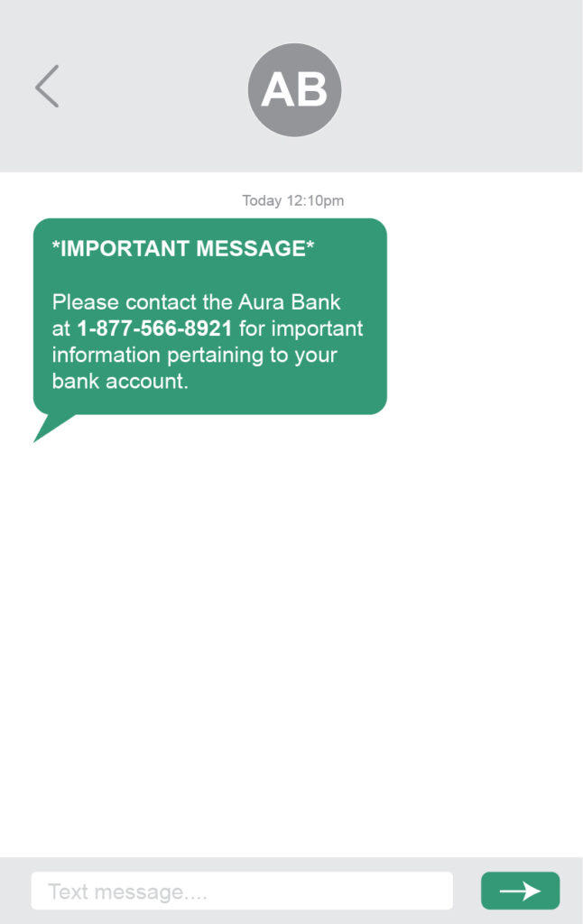 Illustration shows an example of a text message scam that appears to come from a bank.