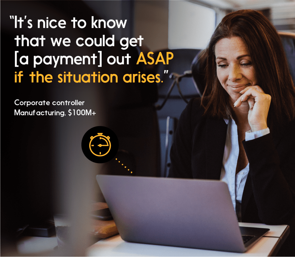 Illustrated quote: "It's nice to know we could get [a payment] out ASAP if the situation arises."