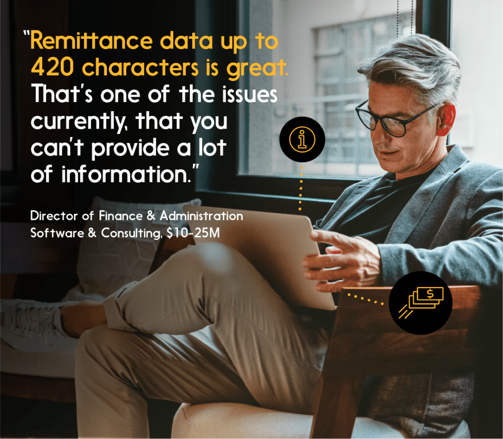 Illustrated quote: "Remittance data up to 420 characters is great ..."