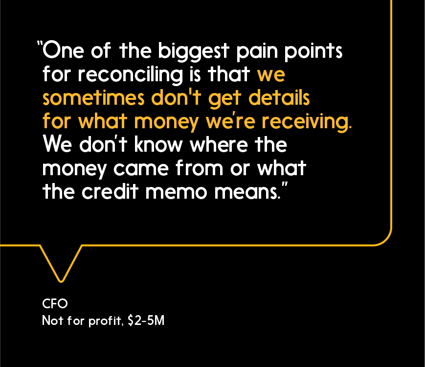 Illustrated quote: "One of the pain points for reconciling is that we ... don't get details ..."