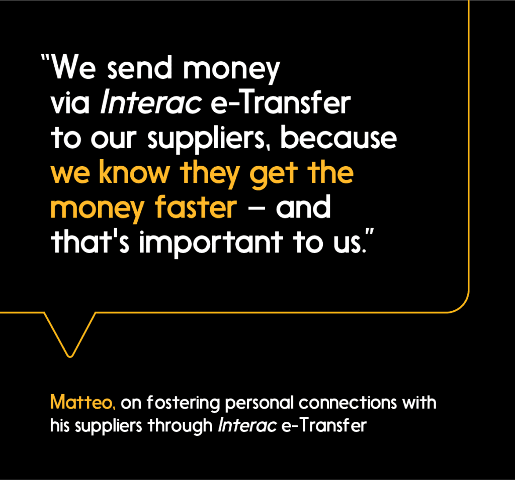 Matteo's quote on a grey background talks about fostering personal connections with his suppliers.