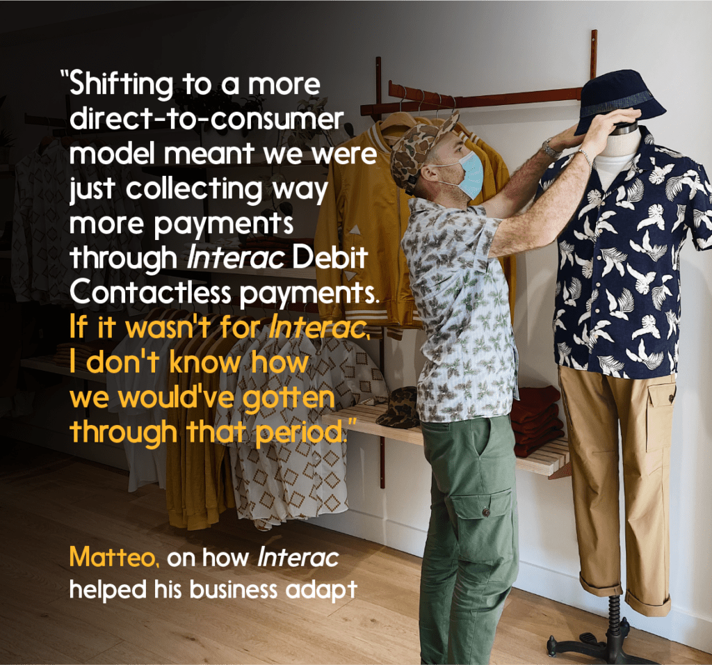 A quote from Matteo is superimposed on a visual of him dressing a mannequin.