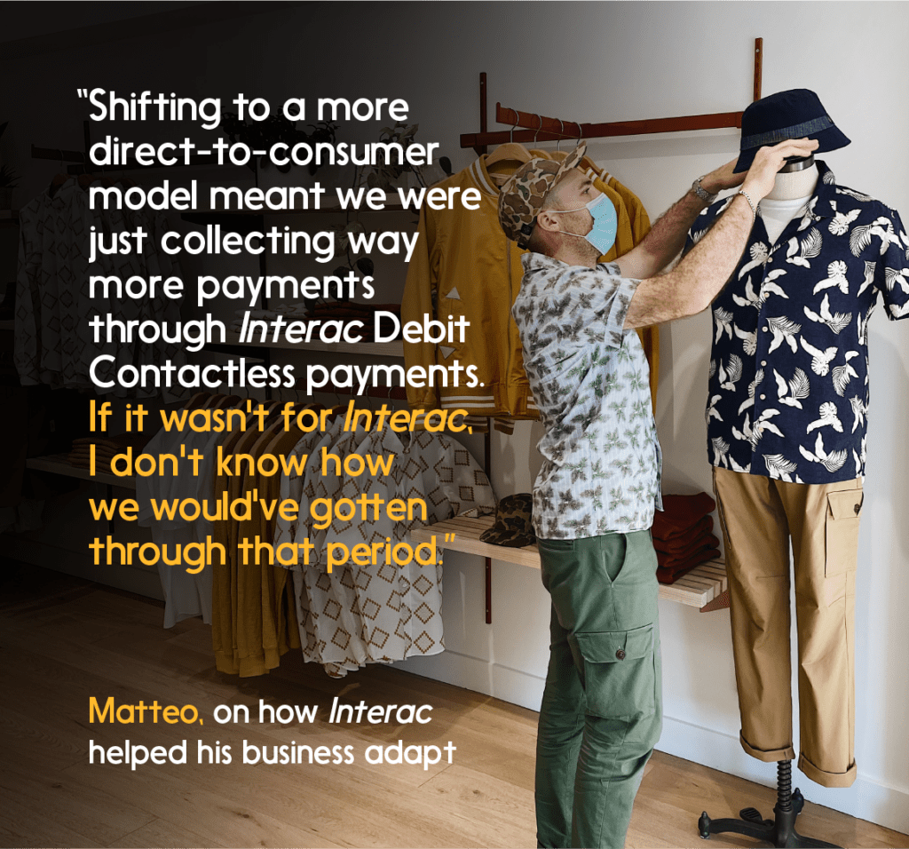 A quote from Matteo is superimposed on a visual of him dressing a mannequin.  