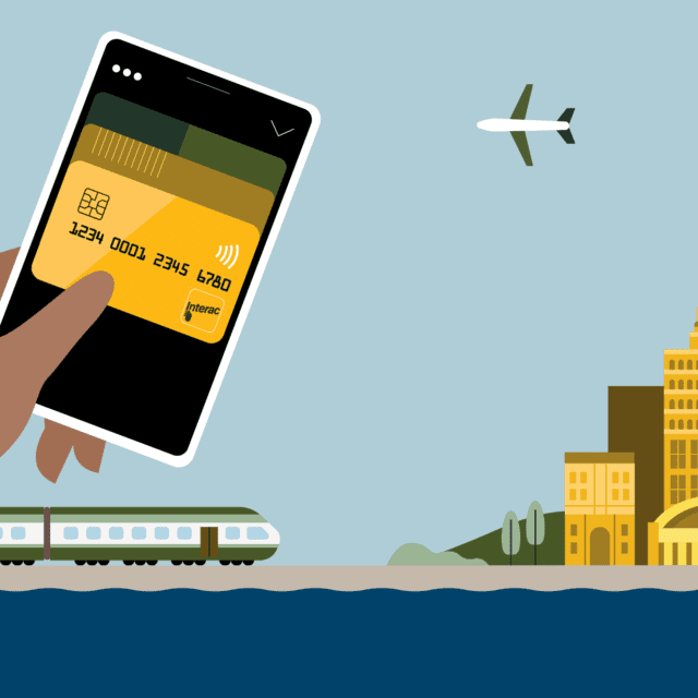 Illustration of digital wallet with Interac Debit card, with train arriving at cityscape