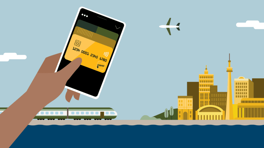 Illustration of digital wallet with Interac Debit card, with train arriving at cityscape