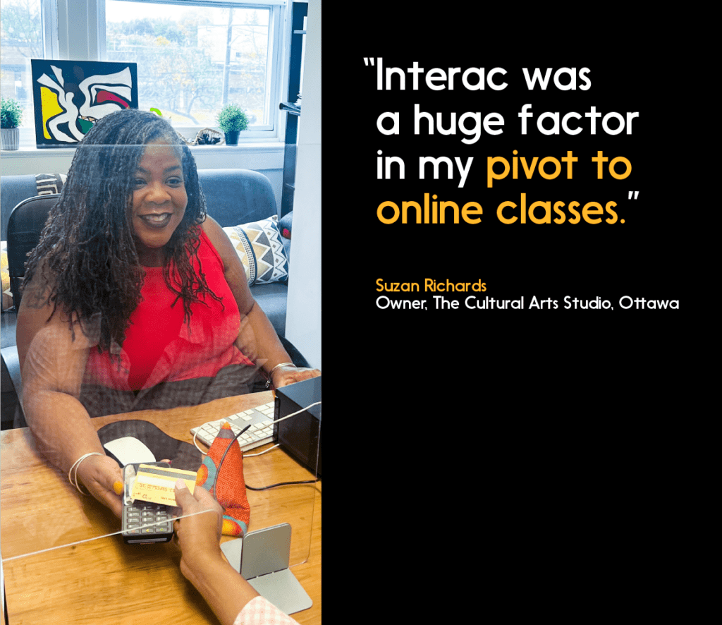 Suzan Richards photo & quote: “Interac was a huge factor in my pivot to online classes.” 