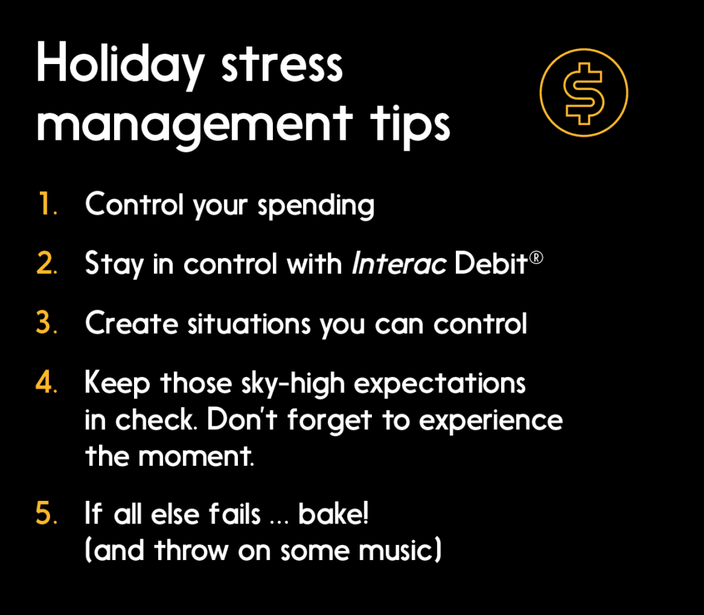 Five holiday stress management tips infographic.