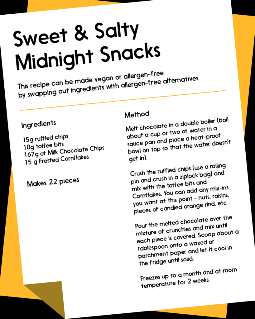 A recipe sheet outlining the recipe for sweet and salty midnight snacks by Little Sister Baking.