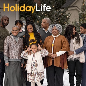 Visual of family standing in front of a snowy background with the words Holiday Life superimposed.  