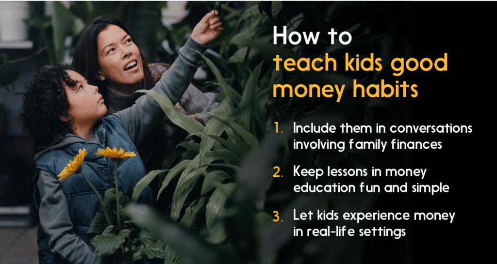 Picture of happy mother and son across three key points on how to teach good money habits to kids.