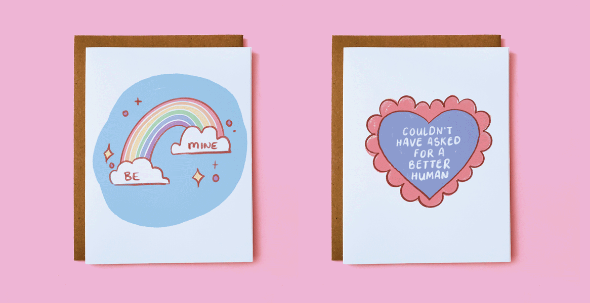 Moving gif of two colourful cards on a pastel pink background