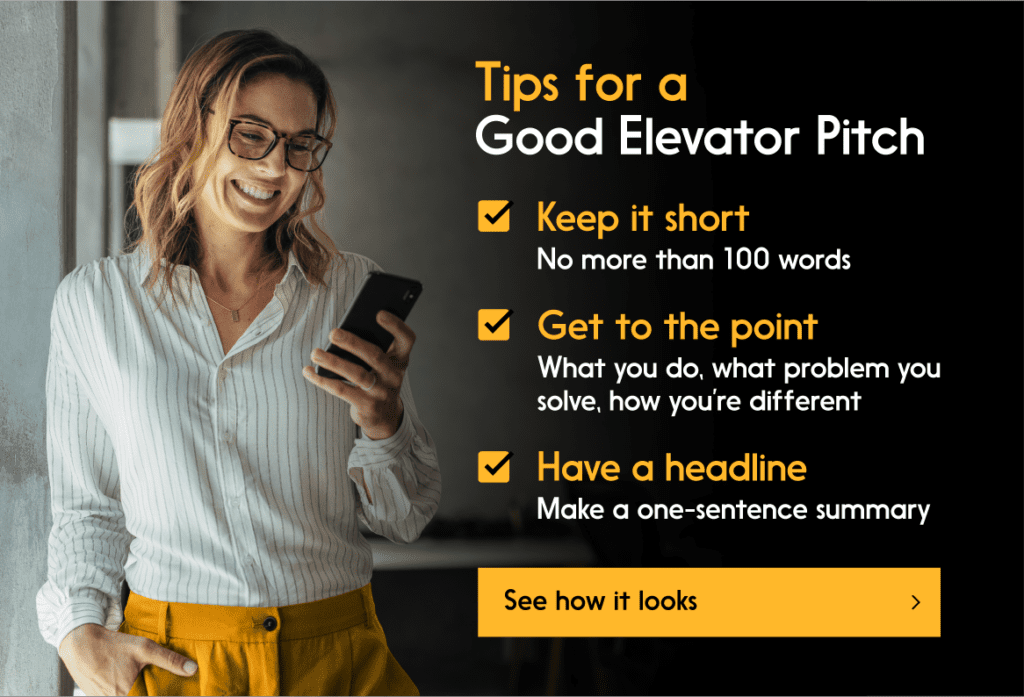 Elevator pitch tips "Keep it short, get to the point, have a headline", with link to see an example