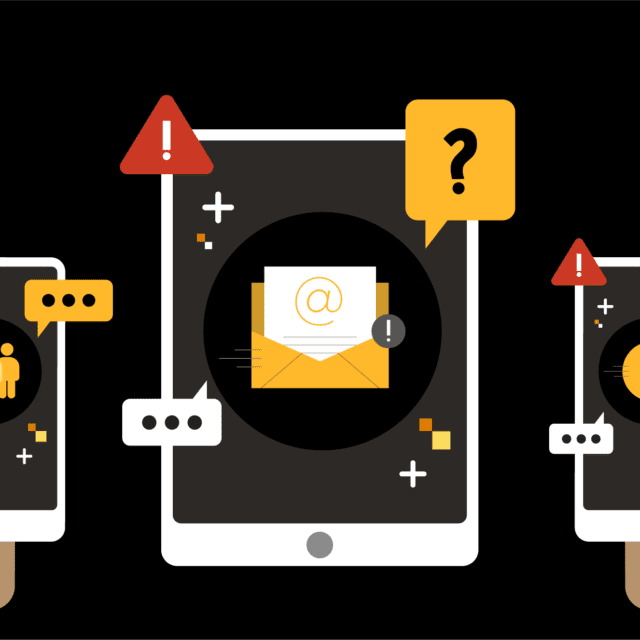 Cartoon visual of a laptop, tablet and phone surrounded by digital fraud warning signs & viruses.