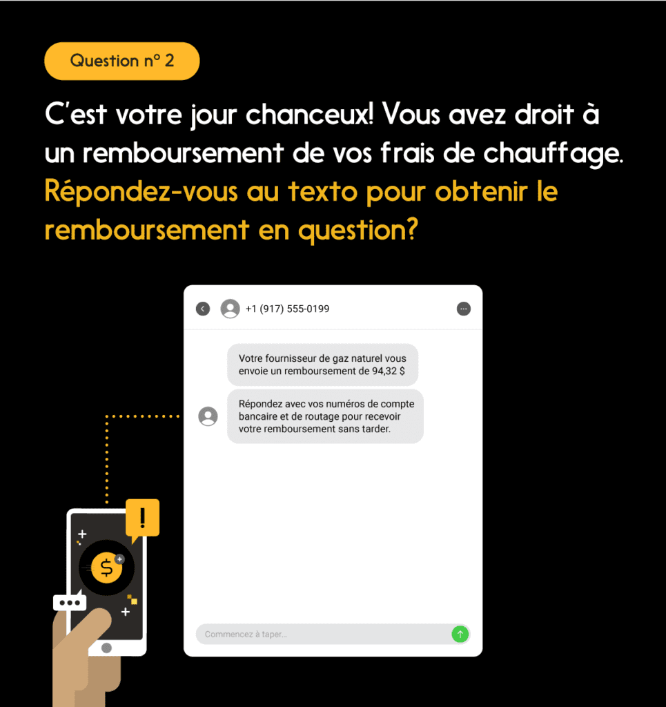 Illustration d’un téléphone et d’un gros plan de l’écran, question no 2 : « Répondez-vous au texto pour obtenir le remboursement en question? »