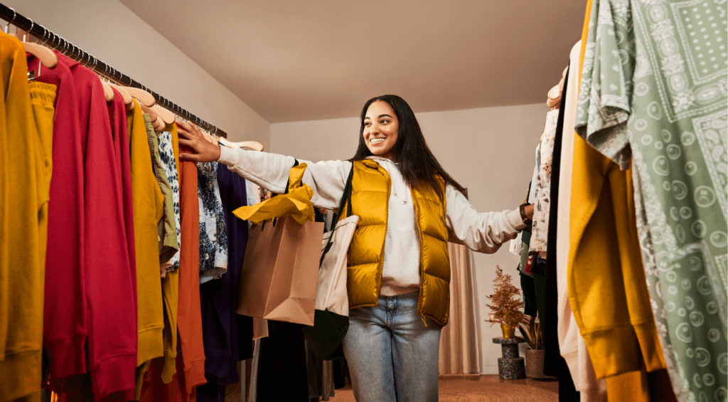 Image of a shopper looking at clothing in an apparel store