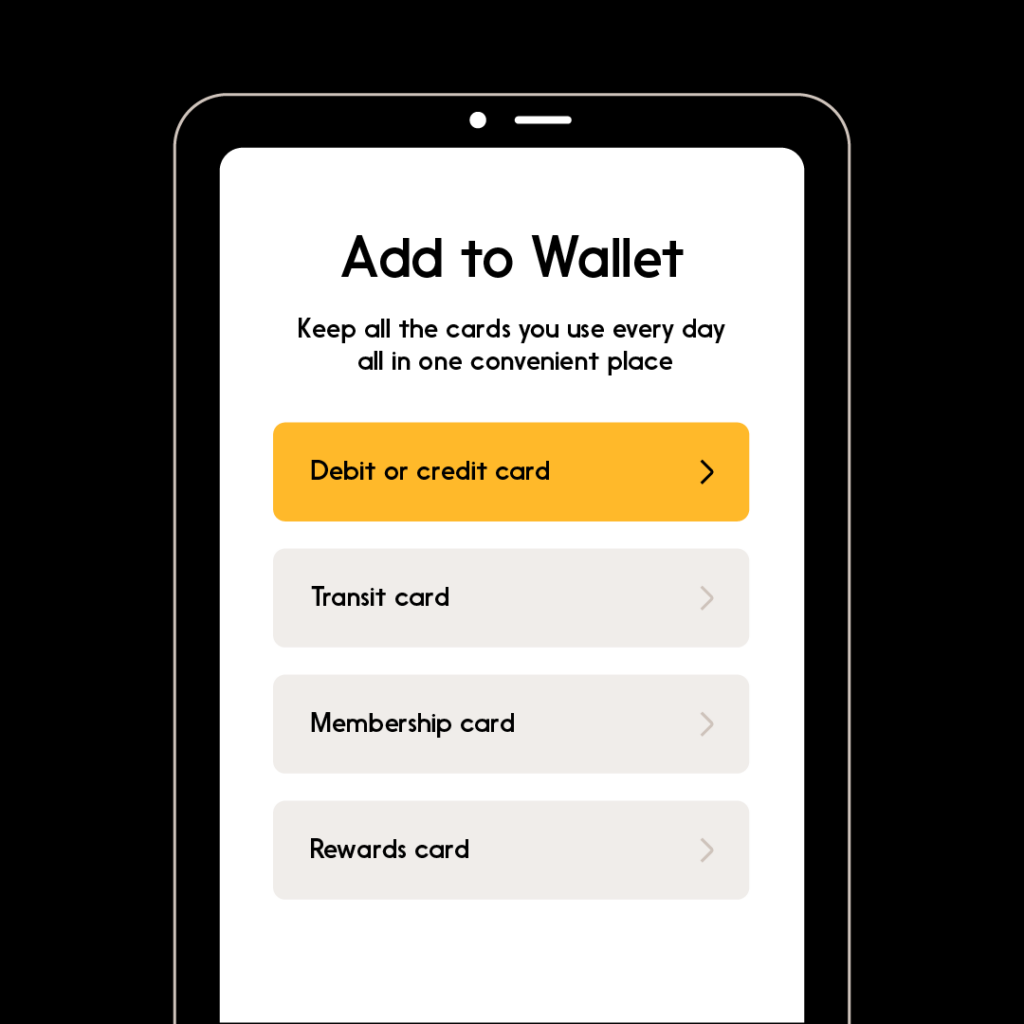 Image of prompt to select debit card to add to digital wallet on a mobile device