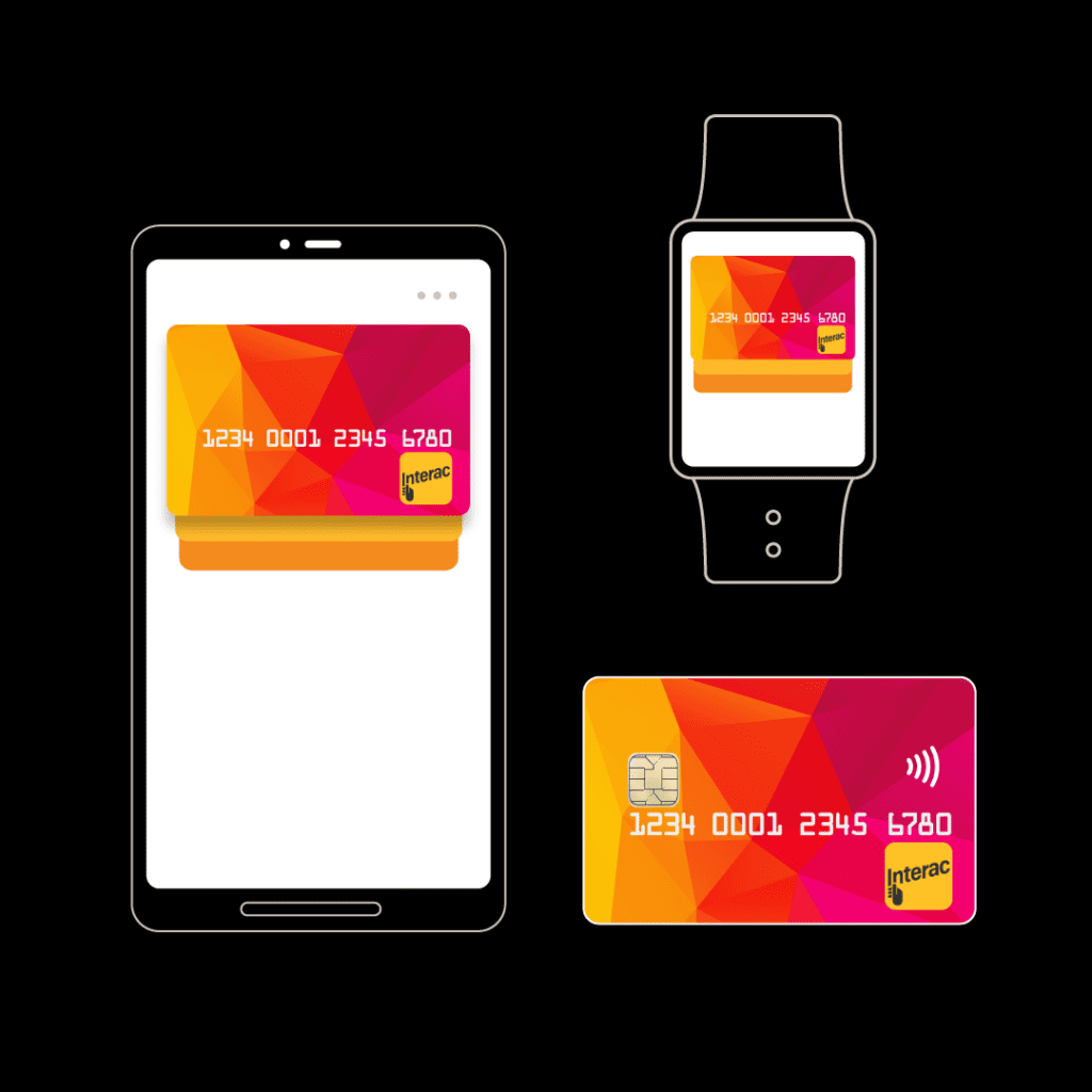 Image of debit card, mobile phone and wearable device with a digital wallet