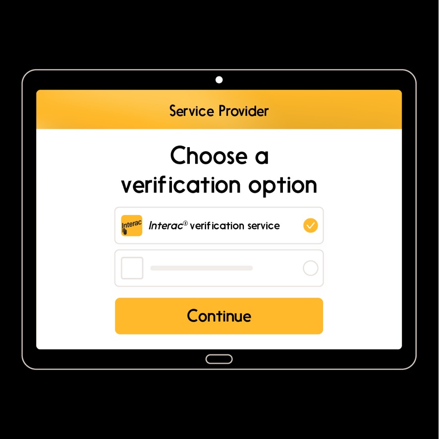 Image of a service provider verification prompt with the INTERAC verification service selected