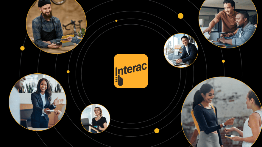 Photo collage: Six circular pictures of people engaged in transactions ‘orbit’ the Interac logo.