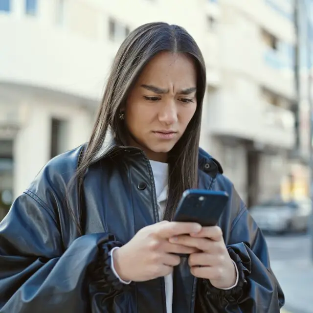 Une dame songe à adopter de saines habitudes de sécurité numérique en lisant un courriel frauduleux sur son téléphone